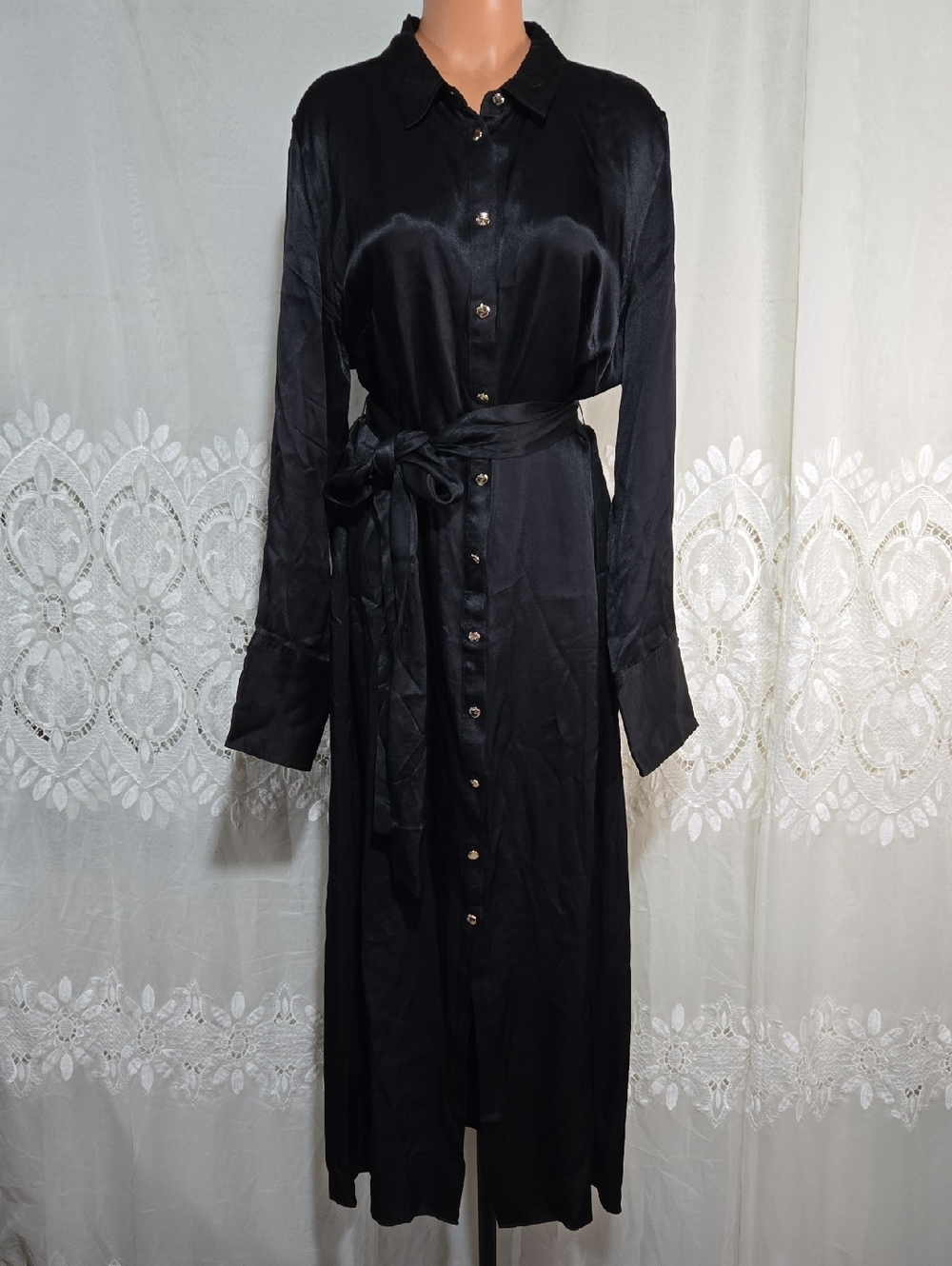 J. CREW Elegant Classic Black Satin Shirt Dress with Waist Tie Sz 18